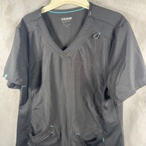 Scrubstar Black V-Neck Scrub Top Women Large Mesh Zipper Pocket Short Sleeve